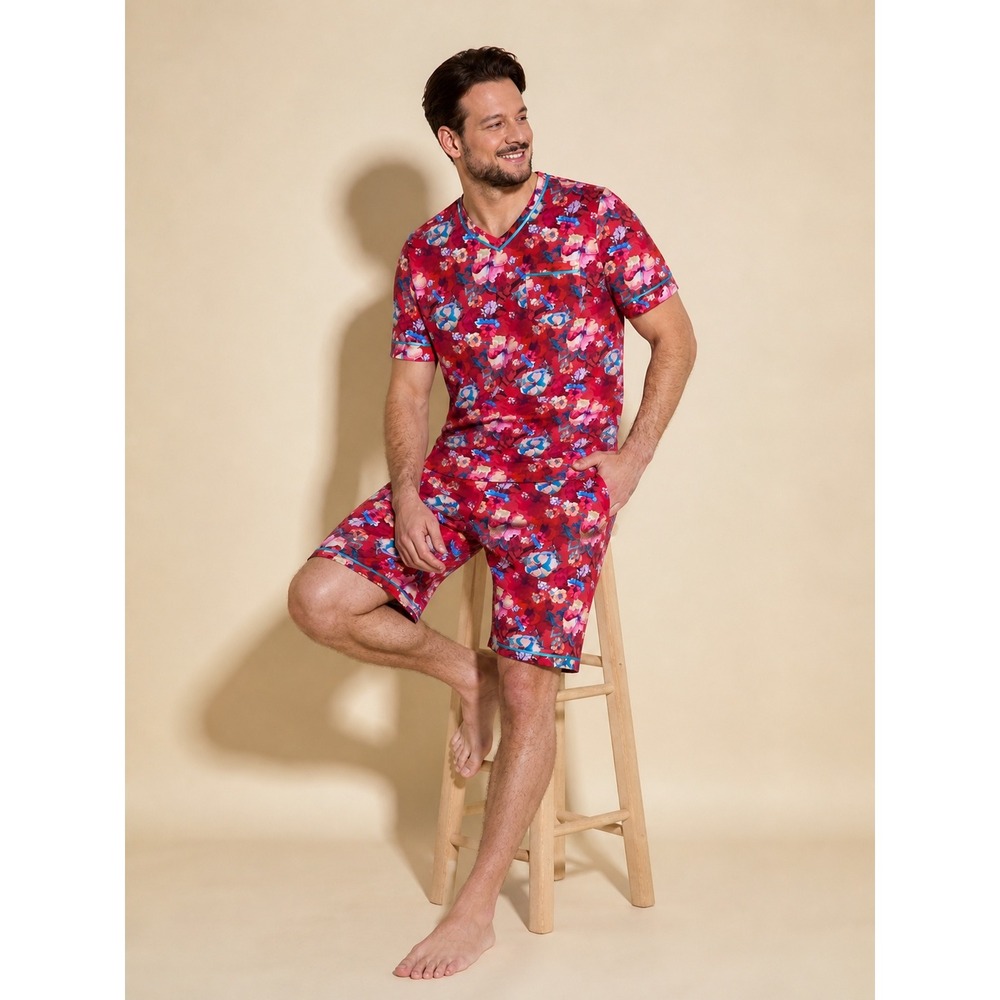 Men's Floral Cotton Modal Pajama Set – V-Neck Tee & Lounge Shorts